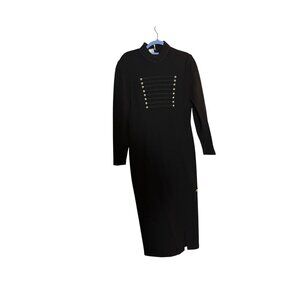 RARE! Vintage M Black Military-Style Midi Dress With Gold Button Accents